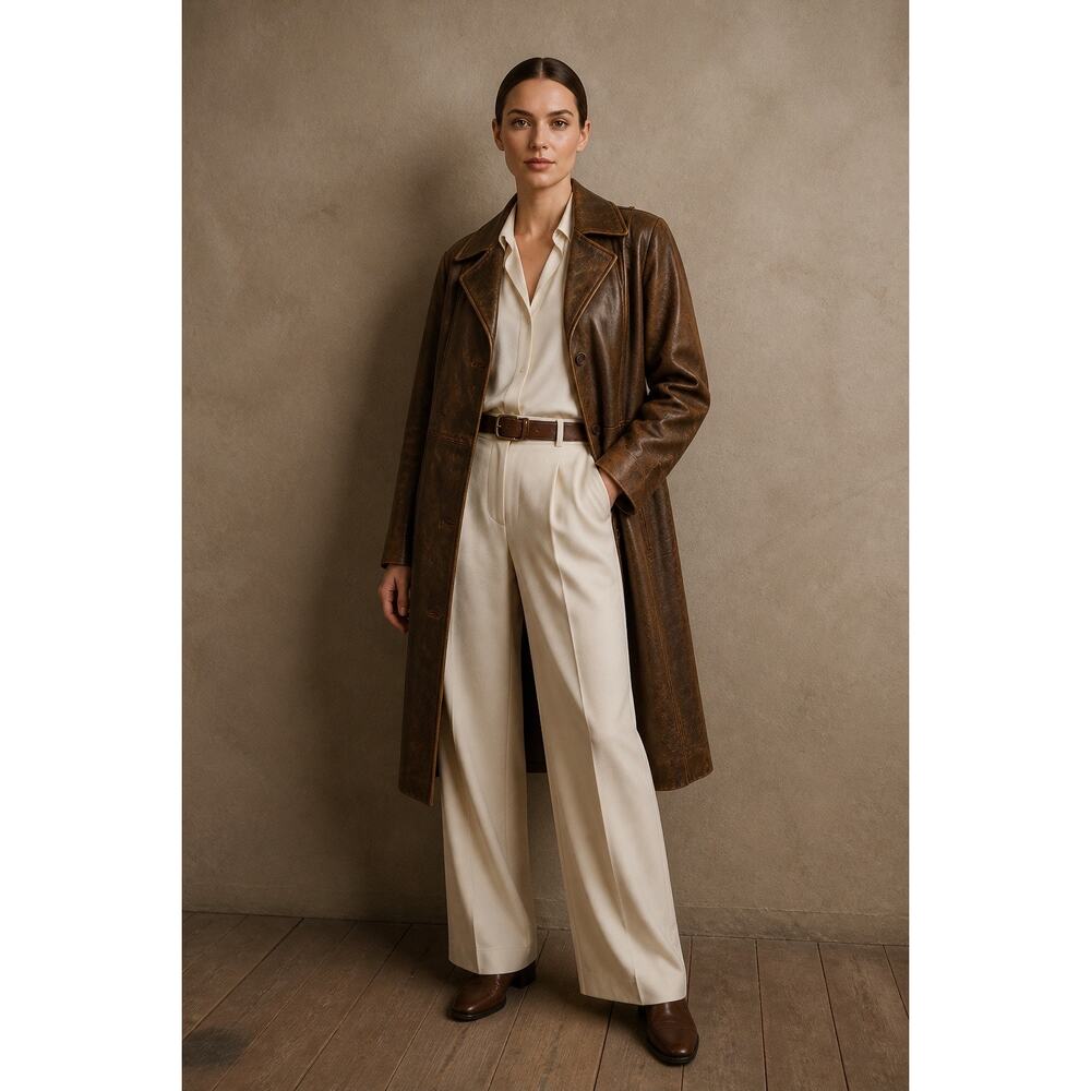 R&O Brand 100% Genuine Leather Duster Brown Jacket Women Medium Old Money Luxury - Picture 7 of 13